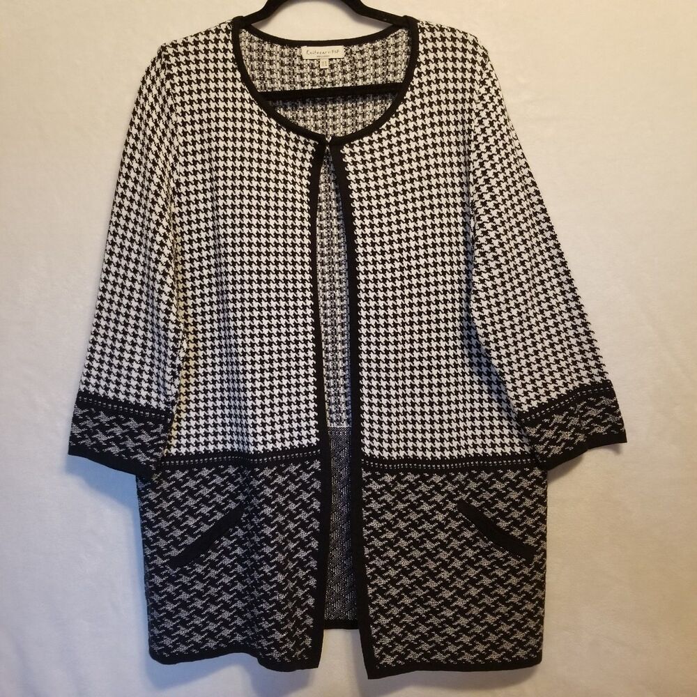 Knitwear By F&F 12 Cardigan Sweater Black White Houndstooth Top Hook Eye Preppy